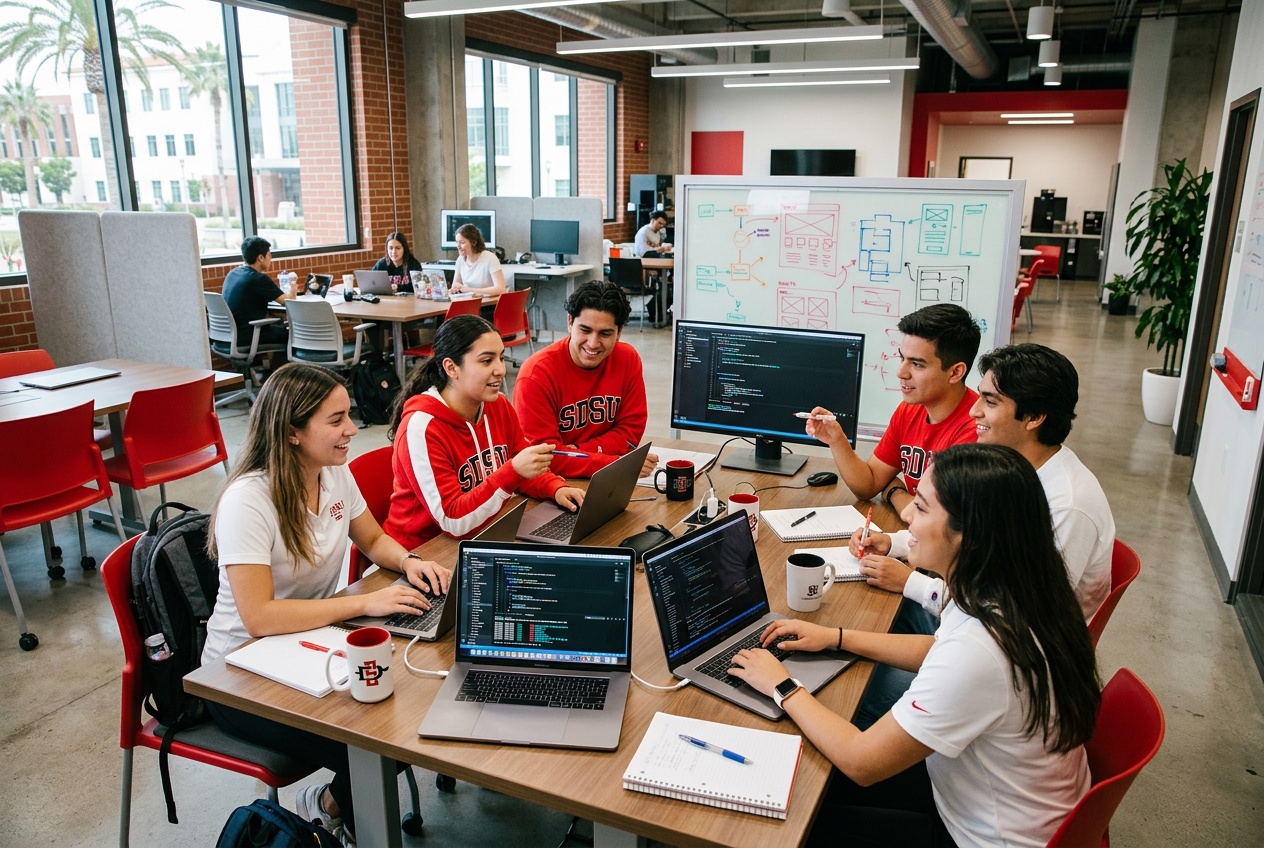 SDSU students collaborating in a tech hub